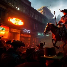 Cthulu attack Cowboy in a chaotic wild western town, 8k resolution concept art. Huang Guangjian, Jean-Baptiste Monge, Ian Miller, Dynamic lighting. Hyperdetailed, intricately detailed. Trending on Artstation. Triadic colors Unreal Engine 5. Vray. Volumetric lighting. WLOP. Dynamic action oriented. Splash Art