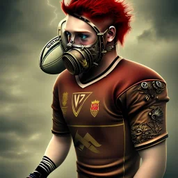 Joueur de rugby steampunk, cheveux roux, crête punk, masque à gaz, maillot noirs numéro 13