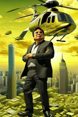 Robert Kiyosaki standing on golden skyskraper helicopters dropping dollar money city burning in background STYLE OF HIROKU OGAI