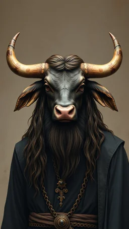 A bull with human face with long hair and beard like ancient Sumerian wearing a religious monk black suit