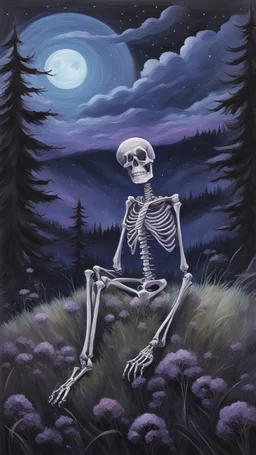 A oil painting of a skeleton sitting in the grass on the top of a hill, lookin into the night sky. A Forrest in the background. Painting. Purple colours. Blue colours. Night. Melancholic mood. Colorful.Pastel colours. Masterpiece.
