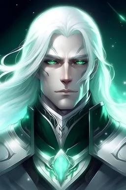 Galactic beautiful man knight of sky deep green eyed long White haired