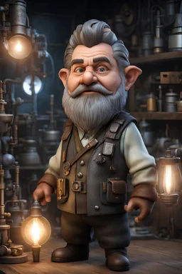 portrait of an ugly male gnome engineer, brown greying hair, dressed in a tinkerer garb , standing in his laboratory, brown eyes, realistic, dim torch lighting, cinematic lighting, highly detailed face, very high resolution, looking at the camera, centered
