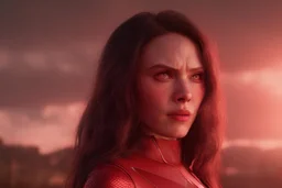 Wanda Maximoff, feiticeira escarlate usando traje vermelho de vestido, destruindo a realidade, governando o mundo, destruição, 4k render, dramático, cinematográfico, poderes destruindo tudo, expressão brava