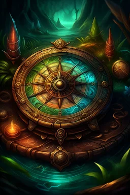 Digital art illustration of the ancient compass of guidance, a card with intricate detailing and ancient symbols, designed to guide players and provide them with the ability to rearrange piles on the game board, allowing complete control over the game strategy. the illustration will capture the essence of adventure and mystery, with a touch of fantasy, using vibrant colors and digital painting techniques.