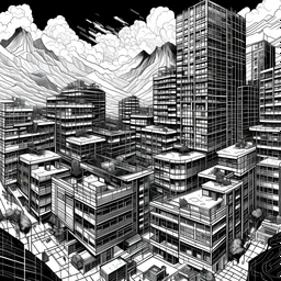 make an monochrome illsutration for urban design insert in a context with buildings, landscape. illustrate like D K Ching