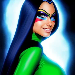 ultra detailed fullbody portrait of beautiful booty busty Raven teen titans, wearing darkblue skintight costume, extremely detailed digital painting, intrincate, extremely detailed smiling face,crystal clear Big Green eyes, in the style of adam hughes , mystical colors , perfectly centered image, perfect composition, rim light, beautiful lighting,8k, stunning scene, raytracing