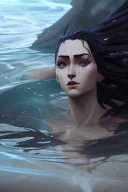 a beautiful woman, long curly black hair,closed eyes,coming from beneath the water,braking the surface with her face just coming out the water,looking up symbolism for breaking free. realistic,8k quality, action close shot from areal view,highly detailed , chaos 80