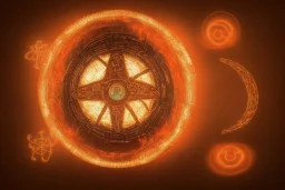 a fiery wheel with 100 eyes floating above the ground, a laser beam pentagram floating above the ground, celtic knot bronze floating, spring time, mushrooms, 8k, flickering light, centered, high-quality, fine-detail, digital art, detailed matte, volumetric lighting, illustration, 3D octane render