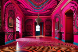 A magenta palace with swirls painted by Victor Vasarely