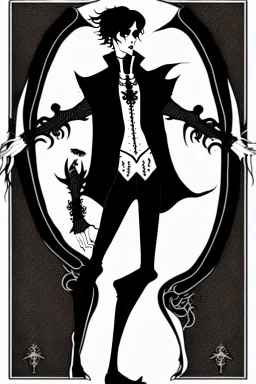 goth male necromancer with black hair and AI hands in the style of Aubrey Beardsley