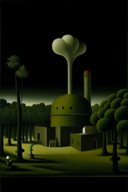 An olive green nuclear plant painted by Henri Rousseau