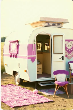 Vintage polaroid of a hippie caravan,crochet, purple