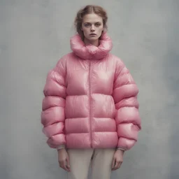 Model frida gustavsson,autochrome, pink plastic puffy jacket