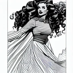 hyper detailed, black and white, thick line, coloring book illustration, lineart, stunningly beautiful woman in gipsy clothes, alex raymond style