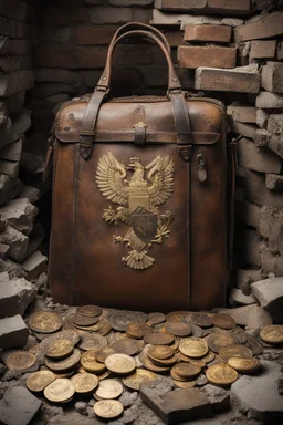 in a LARGE BASEMENT, half-buried in the earth, an ancient, worn-out, worn-out, torn-side valise peeks out, from which gold coins from the time of Catherine the Great fall out. The ancient coat of arms of Russia, the double-headed eagle, is BARELY VISIBLE on the bag. There are a lot of broken bricks and earth around the bag. All in high quality 8K