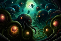 View into an event horizon in space with many enormous strange tentacled creatures with huge eyes and mouths flying around