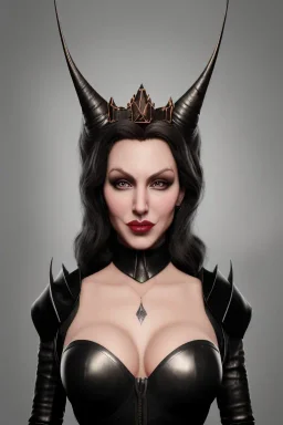 Brandi Love as evil queen in black leather, leather, busty, cleavage, angry, stern look. character design by cory loftis, fenghua zhong, ryohei hase, ismail inceoglu and ruan jia. unreal engine 5, artistic lighting, highly detailed, photorealistic, fantasy