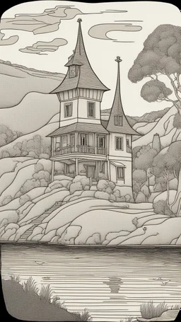 Bosch nightmares, A house by the lake designed in cave paintings painted by Paul Ranson , fine line draw style