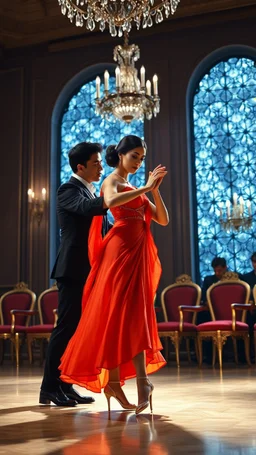 image of Golshifteh Farahanistanding in a modern royal hall with very beautiful dress and high heels,and َAlain delon next to her going to dance tango
