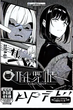 girl with demon mask in the middle of the room, line arts, manga cover, greyscale