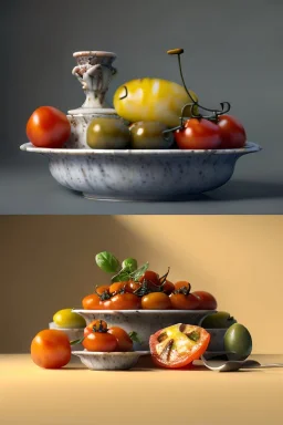 renaissance style still life composite, Ravioli pasta with natural cherry tomato, albahaca, olives, olive oil. Dish, moisture, art, natural, ornaments, ceramic, marble, high kitchen, smooth, god rays, unreal engine 5, ray tracing, RTX, lumen lighting, ultra detail, volumetric lighting, 3d.