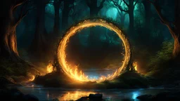 digital art, Elven ring with intricate design, luminescent, glowing, burning with fire magic, water, intricately detailed, J.R.R. Tolkien's Middle-earth, dark spring forest at night background, in deep shadows, grandiose design, volumetric lighting, strong rim light, radiant light, refraction