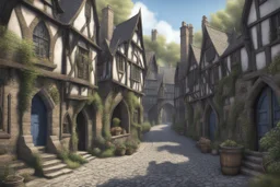 gothic, medieval street in a shanty town, inns, shops, balconies, bridges, arches, cobbled roads, people, in a wood, dense foliage, photo-realistic, Hogwarts, blue sky