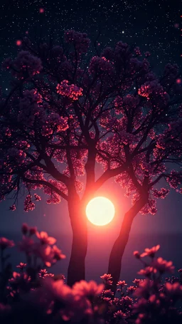 surreal glowing in dark, flowers, millions of stars. a peach flowing anime style sun view through a tree in double exposure