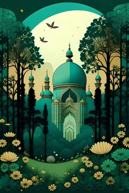 هلال ومسجد جميل خيالي وسط اشجار وفراشات