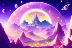 fairy panorama white castel purple mountains pink trees, , starry sky with silver and gold spaceships and planet starred sky with silver spaceships, and gold planets