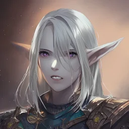 guard-man anime character, elf, long ears, physically fit, long silver hair, dark eyeshadow, violet eyes, detailed face, square jaws, 8k resolution, cinematic smooth, intricate details, vibrant colors, realistic details, masterpiece, oil on canvas, smokey background