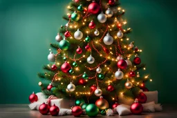 Ultra-realistic photography of a decorated Christmas Tree on a green background, Perspective, full shot, Canon EOS R6, 135mm lens, f1/8, Rim light, Natural Lighting, 64K