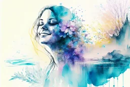 A Smiley gorgeous woman stunning drawn on paper by blue dry ink pen sketch, colored flowers beside paper. pastel colors double exposure: waterfall, misty morning, reflection, sunrise