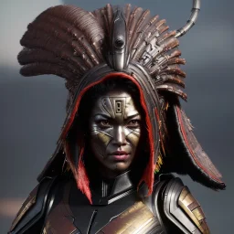 Maori cyber woman, sci-fi, rounded face, blood, black, gold, brown, samurai helmet, decorative color feathers, retro, bamboo, leather, vibrant color, highly detailed, art stations, concept art, smooth, unreal engine 5, god rays, ray tracing, RTX, lumen lighting, ultra detail, volumetric lighting, 3d, finely drawn, high definition, high resolution.