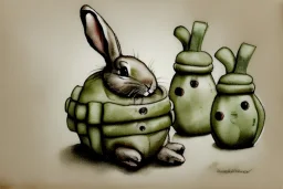 Bunny is having a birthday cake decorated with hand grenades. Highly detailed, smooth colours, realistic landscape. Aquarell