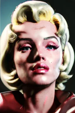 Ultra Realistic image, portrait, blonde woman, sweet Marylin Monroe face, perfect iris, glow eyes, makeup. Retro sci-fi style, helmet, tight latex coat, fog, rain, soft color, highly detailed, unreal engine 5, ray tracing, RTX, lumen lighting, ultra detail, volumetric lighting, 3d, finely drawn, high definition, high resolution.