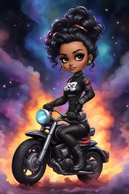 Create a galaxy art illustration of a chibi cartoon full figure black female riding a sports motorcycle. She is wearing tie dye and black tights with biker boots. Prominent make up with log lashes and hazel eyes. Extremely highly detailed black shiny wavy hair up in a messy bun. Background of smoke surrounding her and the bike and she's at a bike show.