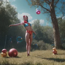 Ultra realistic circus scene. Classic acrobat woman, waist up view, Wes Anderson style, happy, bubbles, highly detailed, concept art, unreal engine 5, god rays, ray tracing, RTX, lumen lighting, ultra detail, volumetric lighting, 3d, finely drawn, high definition, high resolution.