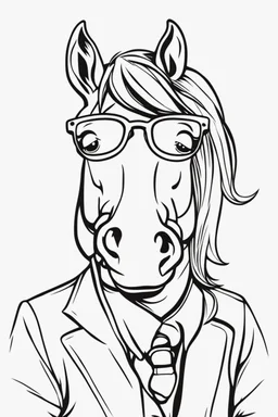 Outline art for cute coloring pages with horse with glasses, full body, white background, sketch style, only use outline, clean line art, no shadows and clear and well outlined.