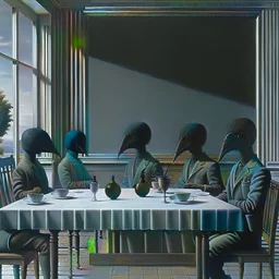 In a living-room 50' style a group of alien creatures pedantically sitting at the table dine in compliance with etiquette, René Magritte