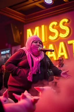 a very fat swedish girl, with pink balaclava with called "Fröken Fläsk" performing at dance club, her name is "Fröken Fläsk" piglets On stage, yellow Neon lights and smog, and "FRÖKEN FLÄSK" big sign on the wall, she singing with mic, text in swedish! no translate mr. stable ai