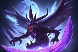 legendary pokemon. Dark type. Mythical. Chaos. Nightmares. Black and purple colors. intimidating. moon. night. God. big beast. creature.