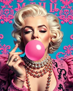 An opulent high-fashion portrait of Marilyn Monroe, captured in a photograph with a painterly quality as she playfully blows a pink bubblegum bubble. She is adorned in a striking blend of hip-hop punk haute couture, featuring intricate designs from Chanel, Gucci, and Prada. The image dazzles with ultra-detailed textures and 4K clarity, set against a vibrant neon blue background adorned with elegant typographic ornaments. This artwork blends minimalist, surrealist, and absurdist aesthetics for a