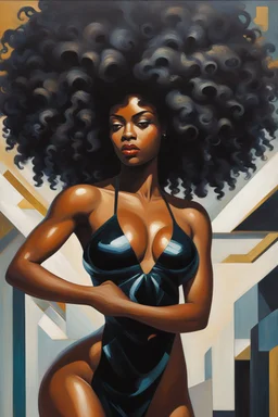 In this futurism oil painting, a stunning black woman is the centerpiece, embodying strength, beauty, and pride. She is depicted bending down gracefully, her body curving elegantly, as she holds her voluminous afro hair in her hands. Her face is adorned with prominent makeup, featuring lush lashes that accentuate her expressive eyes. The canvas is filled with vibrant colors, with the woman's afro hair taking center stage. Each curl is meticulously detailed, with a riot of colors cascading down