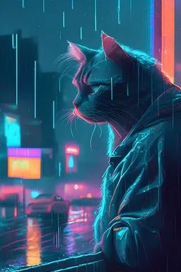 Thug cat smoking a cigarette and looking outside at neon city while it's raining