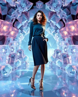make a picture pretty stage made of crystal diamond 3d fractal recursive cubic and sphere base structures and a beautiful fashion model lady posing with cute,with dark cyan decholte top and pretty pleated midi skirt,siver high heels ,makeup curvy long hair,dynamic camera zoom to full body and pan, dynamic lights.