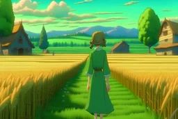 A Russian girl looks at a green wheat field and walks and looks at me smiling, and in front of us is a rural village studio ghibli ,8k