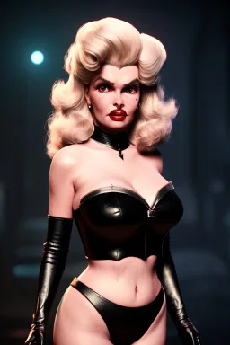 jayne mansfield as evil queen in black leather, angry, stern look, volumetric lighting, particales,highly detailed,cinematic, deep colours,8