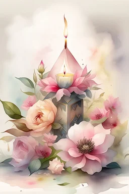 MAGIC A PYRAMID CANDLE IS BURNING AROUND WONDERFUL FLOWERS English watercolor, Smoky cream, pale gray, pale pink, pink background. bright light, a bouquet of roses on the table are pale pink, pale bordeaux, white, ochre. green stems, the light is translucent. Watercolor, fine ink drawing, peonies in an hourglass, elegant gold inlay, rich interior